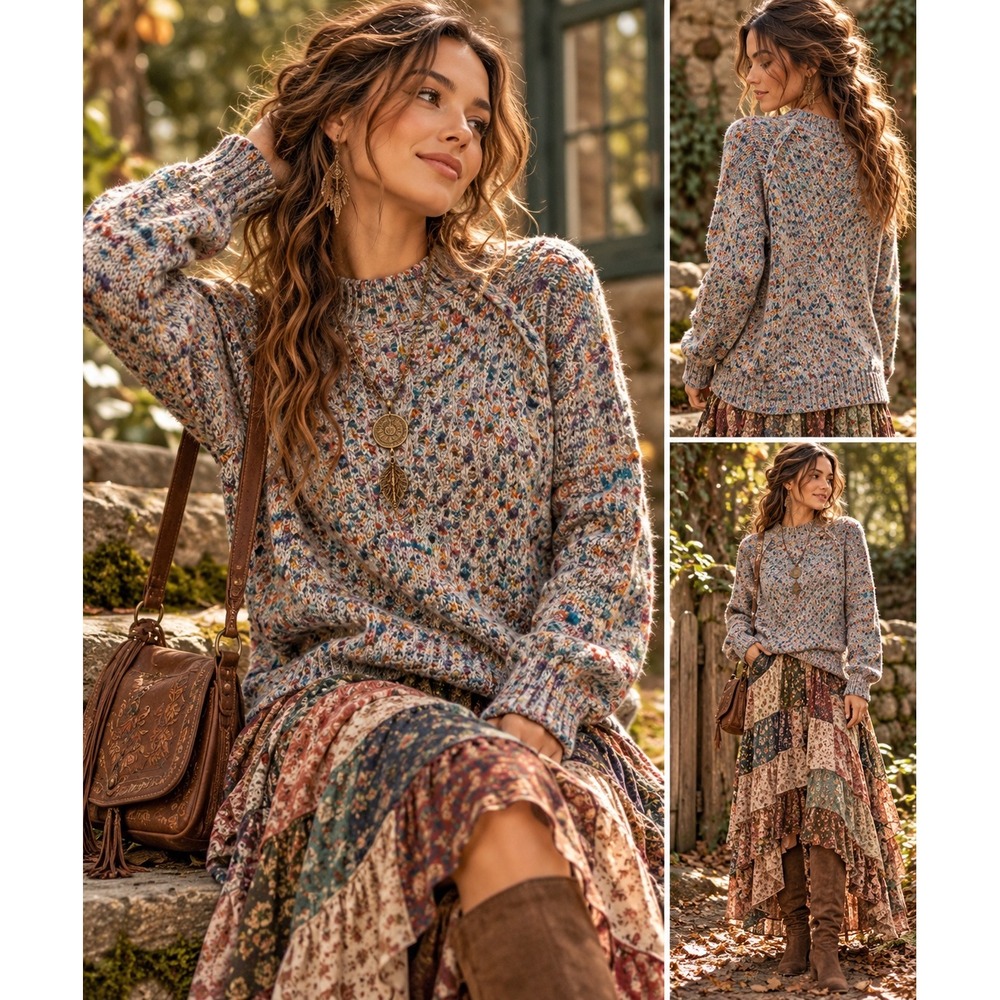 Womens M Flecked Confetti Knit Mock Neck Sweater Thick Speckled Textured